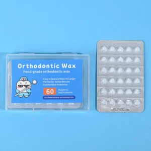 Individually blister wrapped clear orthodontic wax 60 pieces with plastic case on blue backdrop, orthodontist recommended bracket protection wax bulk wholesale