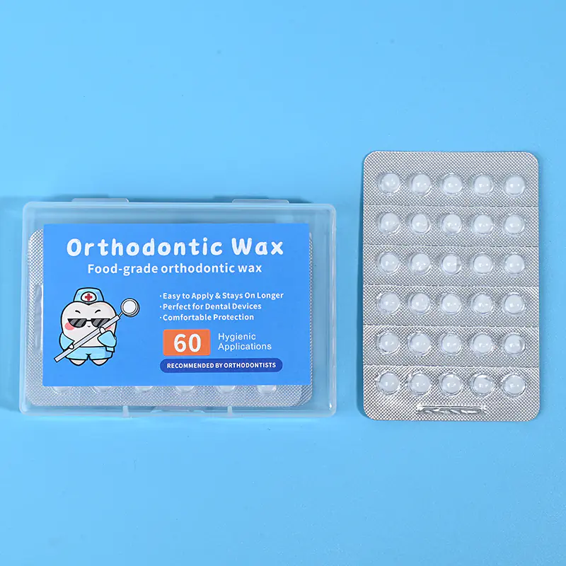 Individually blister wrapped clear orthodontic wax 60 pieces with plastic case on blue backdrop, orthodontist recommended bracket protection wax bulk wholesale