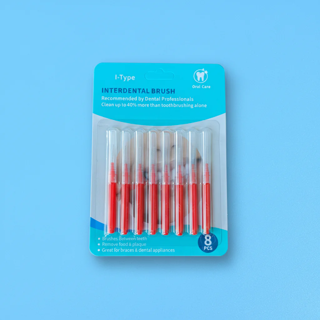 8 pieces red I-type interdental brushes in blister card packaging on blue background, retail ready dental packs wholesale