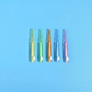 Five assorted translucent color sliding I-type interdental cleaners lined vertically on bright blue background