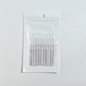 Glitter transparent retractable I-type interdental brushes packed inside clear hanging zip pouch on solid plain white background