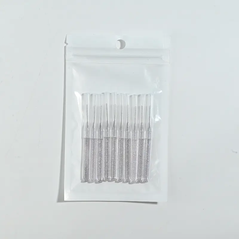 Glitter transparent retractable I-type interdental brushes packed inside clear hanging zip pouch on solid plain white background