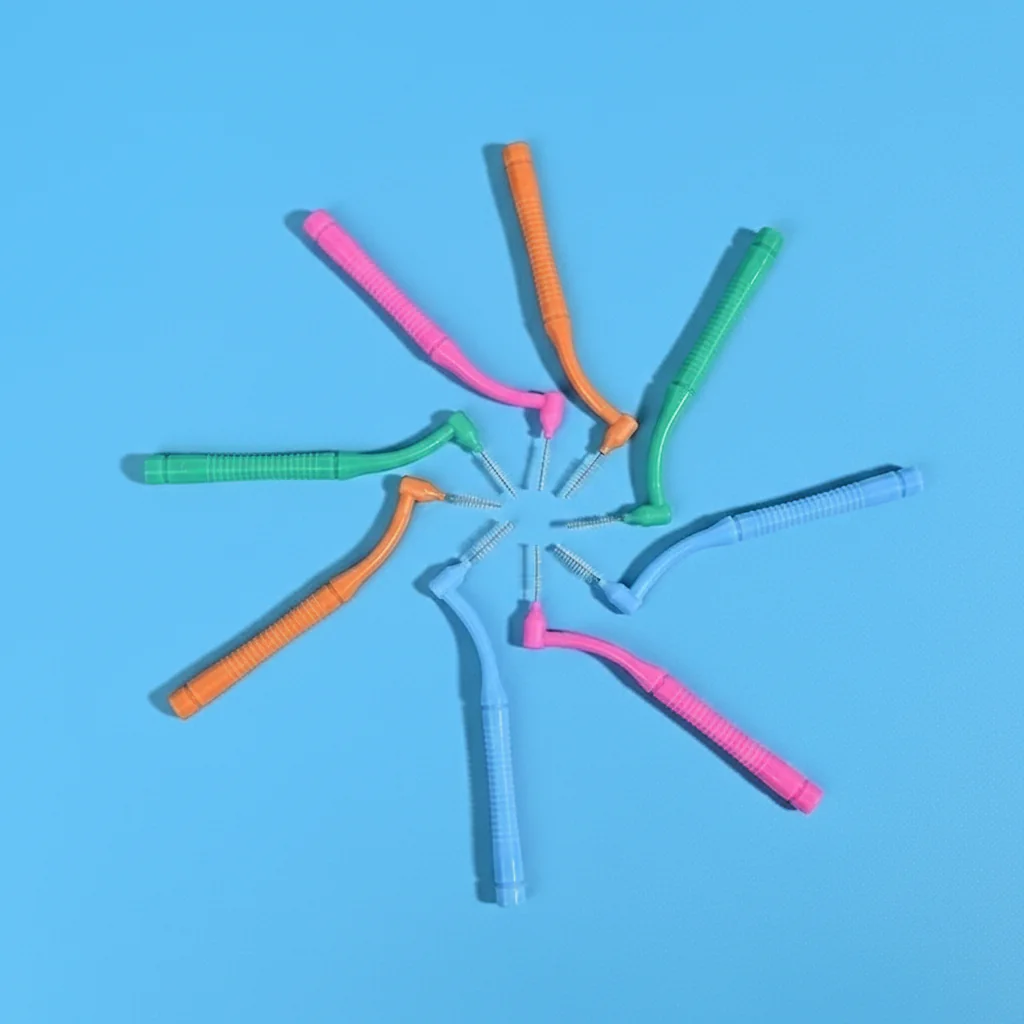 Assorted color L-shaped bend handle interdental brushes without caps placed in star radial shape on blue background, bulk oral care supplies wholesale
