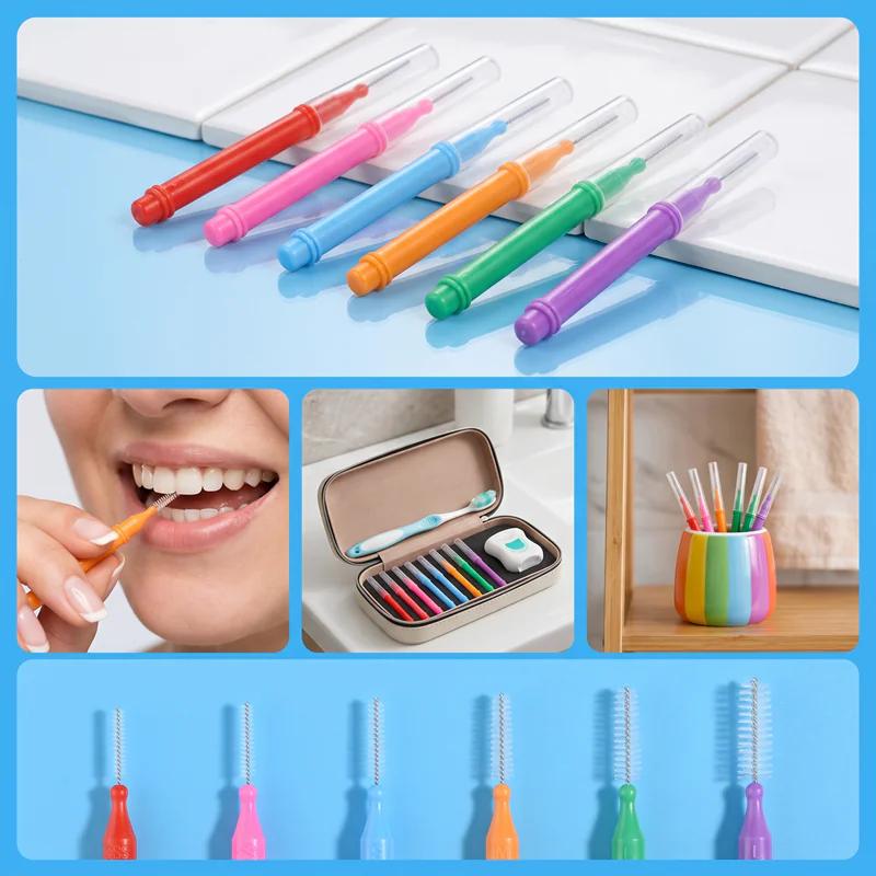 2-multi-scene-collage-six-color-retractable-interdental-brushes-blue-bg.jpg Collage picture including product display, intraoral using scene, travel storage of six-color push pull interdental brushes on blue background
