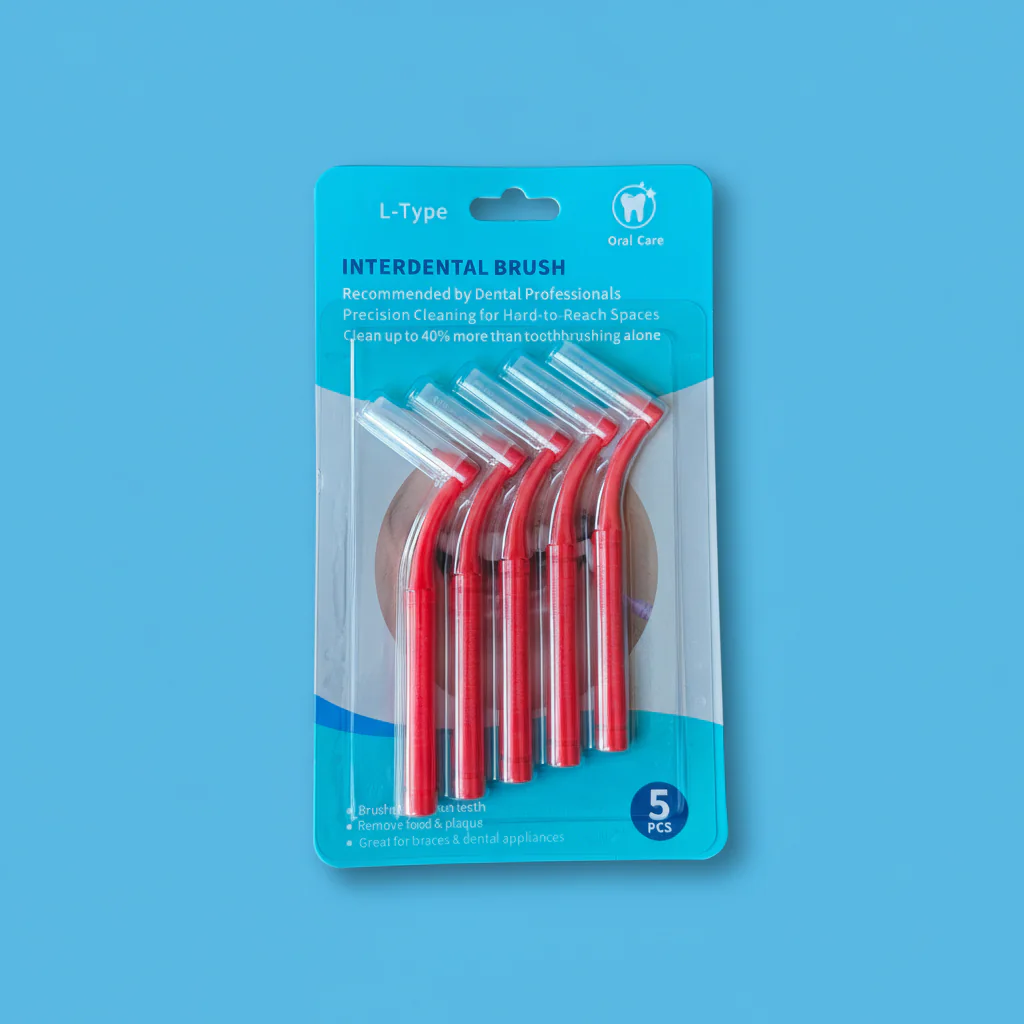 5 pieces red L-type angled interdental brushes in blister card retail packaging on blue background, shelf-ready dental packs factory wholesale from Qingdao factory