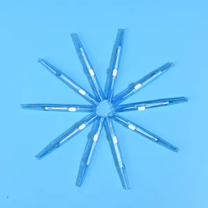 Transparent sky blue sliding push I-type interdental brushes arranged radial star layout on solid light blue background