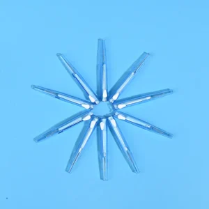 Transparent sky blue sliding push I-type interdental brushes arranged radial star layout on solid light blue background