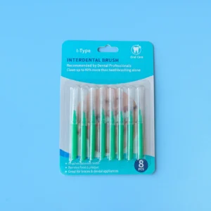 8 pieces green I-type interdental brushes in blister card packaging on blue background, retail ready dental packs wholesale from Qingdao factory