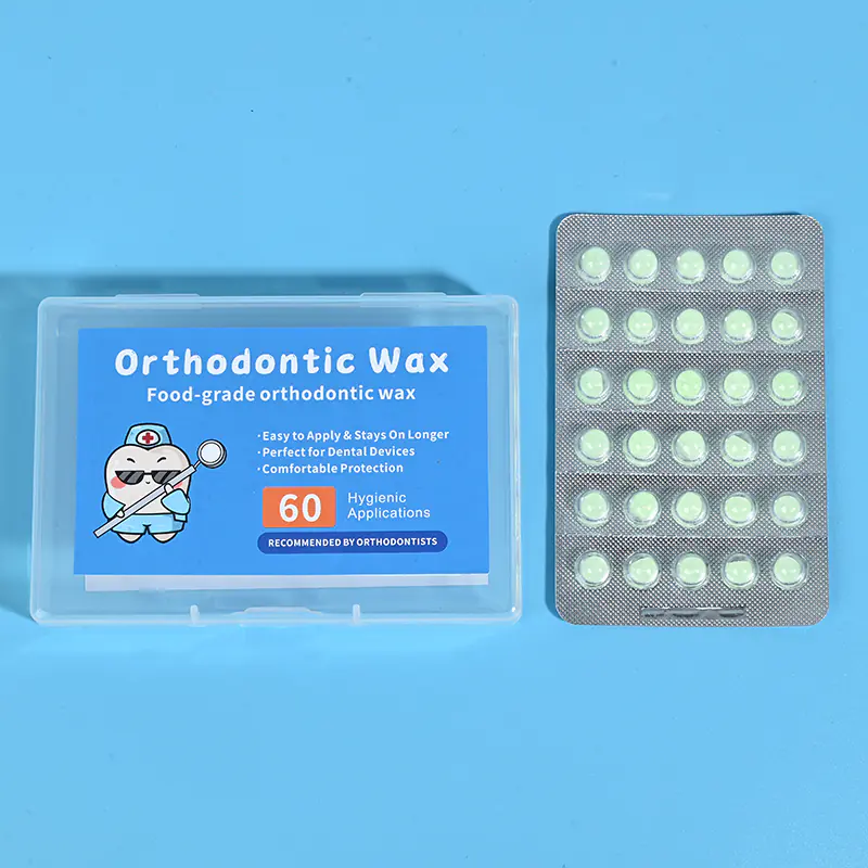 60 pieces green scented individually blister orthodontic wax with portable plastic storage box on blue background, food grade braces relief wax wholesale