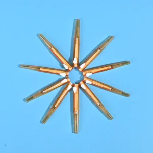 Amber orange translucent sliding I-type interdental brushes arranged radial star shape on solid light blue background