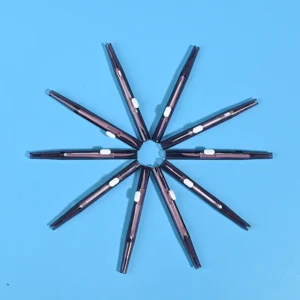 Smoky dark brown translucent sliding I-type interdental brushes arranged radial star shape on solid light blue background