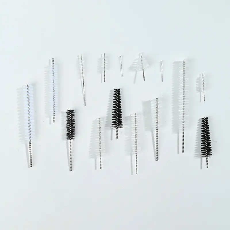 assorted mixed size black & white nylon endoscope cleaning brush heads with stainless steel twisted wire for medical endoscope reprocessing