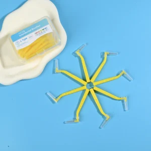 yellow l-type interdental brushes in 20pcs clear box, dental hygiene