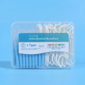 100pcs transparent plastic combo box with blue handle I-type interdental brushes and white disposable dental floss picks