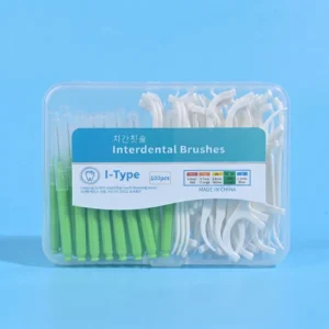 100pcs transparent plastic combo box with green handle I-type interdental brushes and white disposable dental floss picks