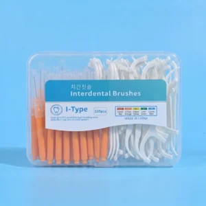 100pcs transparent plastic combo box with orange handle I-type interdental brushes and white disposable dental floss picks