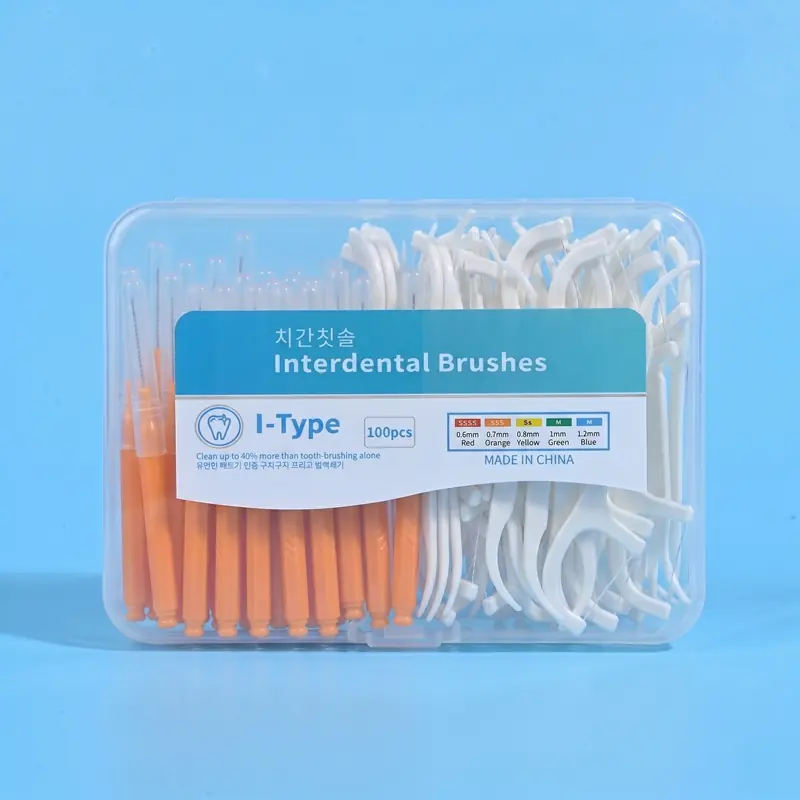100pcs transparent plastic combo box with orange handle I-type interdental brushes and white disposable dental floss picks
