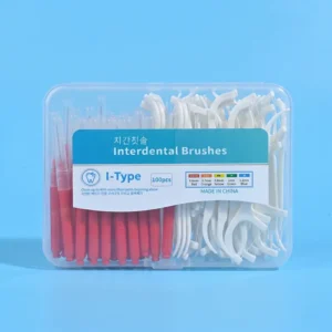 100pcs transparent plastic box oral care kit with red I-type interdental brushes and white disposable dental floss picks