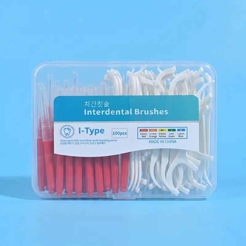 100pcs transparent plastic box oral care kit with red I-type interdental brushes and white disposable dental floss picks