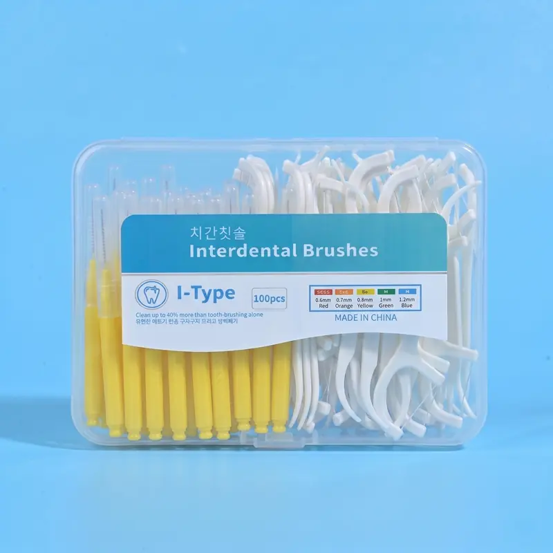 100pcs transparent plastic combo box with yellow handle I-type interdental brushes and white disposable dental floss picks