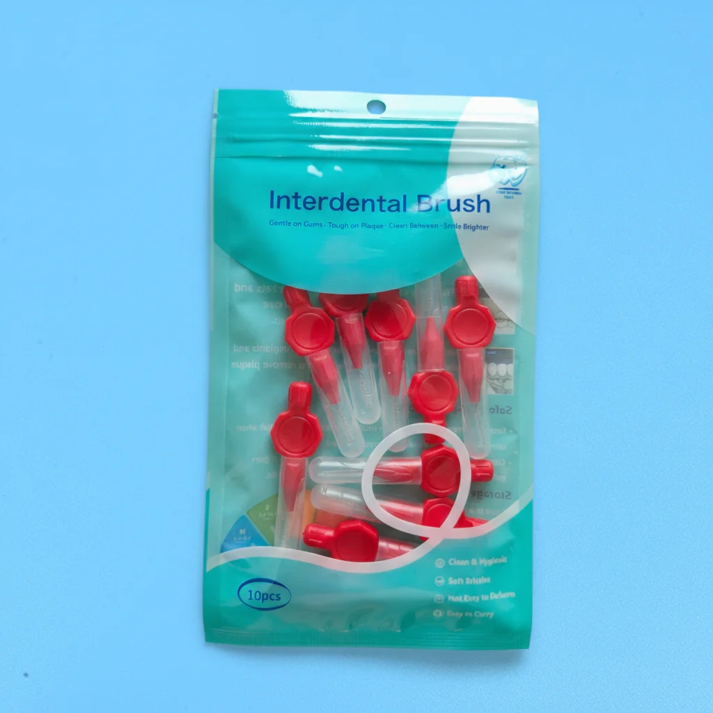 10pcs ziplock plastic bag packed red octagonal knob handle interdental brushes with transparent protective tube, portable teeth gap cleaners