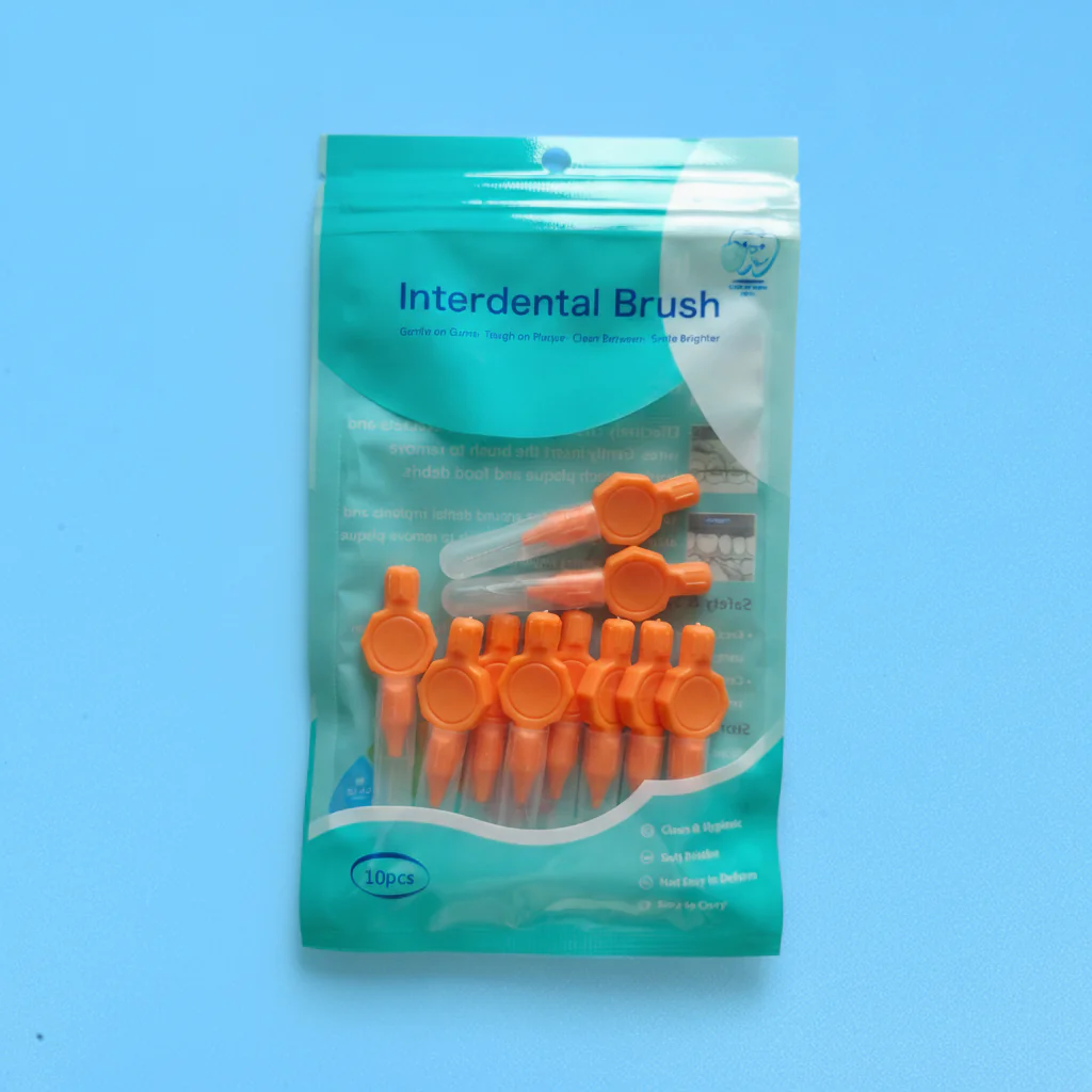 10pcs ziplock plastic bag packed orange octagonal knob handle interdental brushes with transparent protective tube, portable teeth gap cleaners