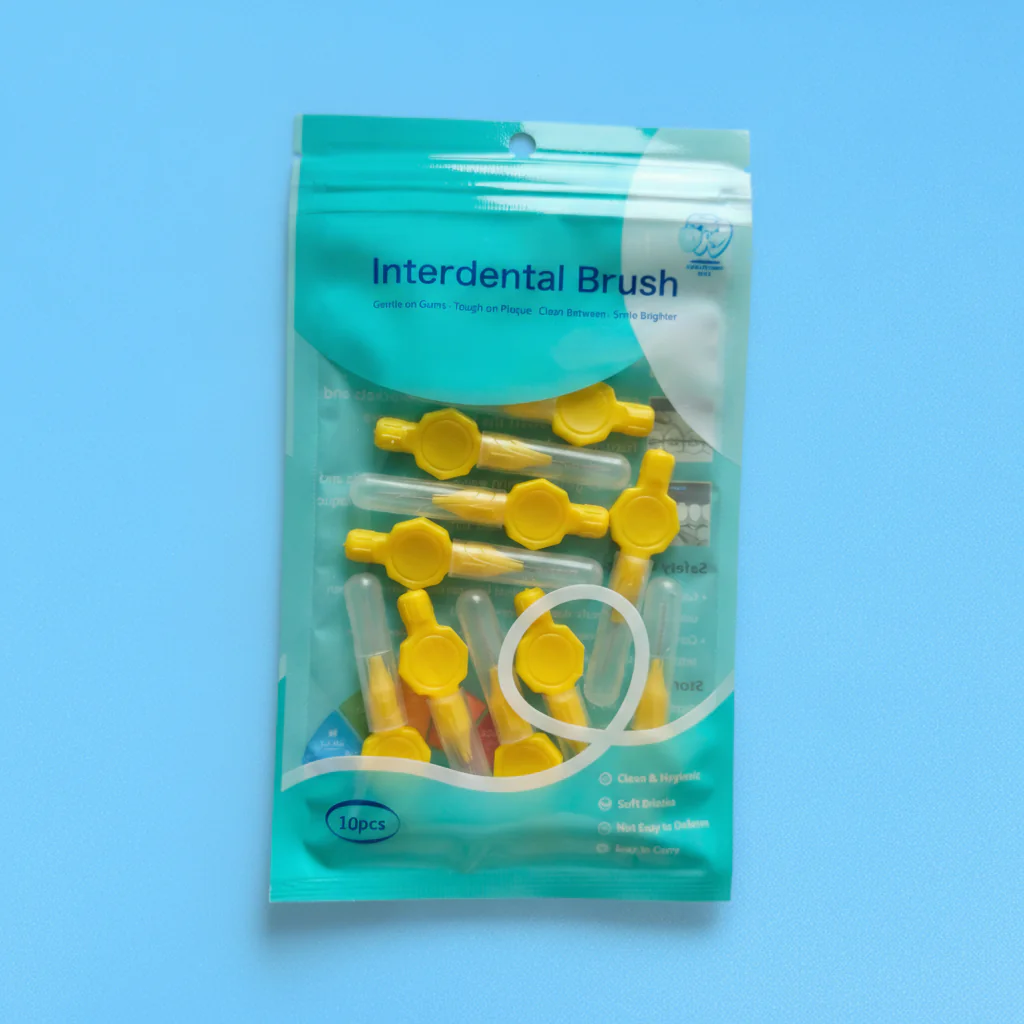 10pcs ziplock plastic bag packed yellow octagonal knob handle interdental brushes with transparent protective tube, portable teeth gap cleaners