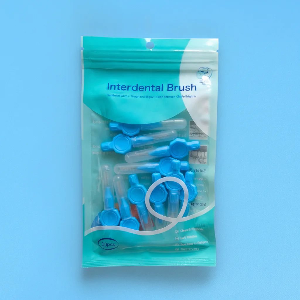 10pcs ziplock plastic bag packed blue octagonal knob handle interdental brushes with transparent protective tube, portable teeth gap cleaners