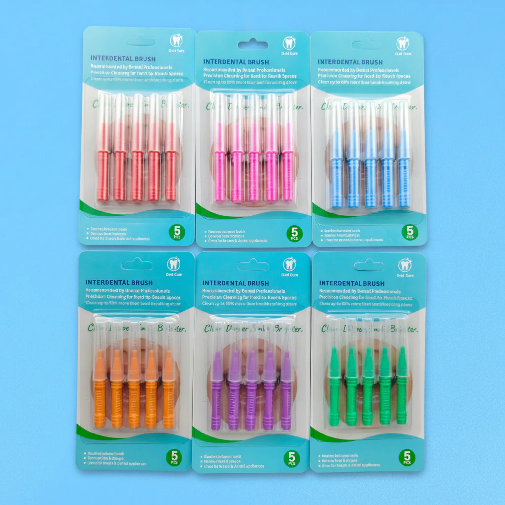 5pcs blister card packaged ribbed handle interdental brushes, six assorted single-color retail packs for oral care retail