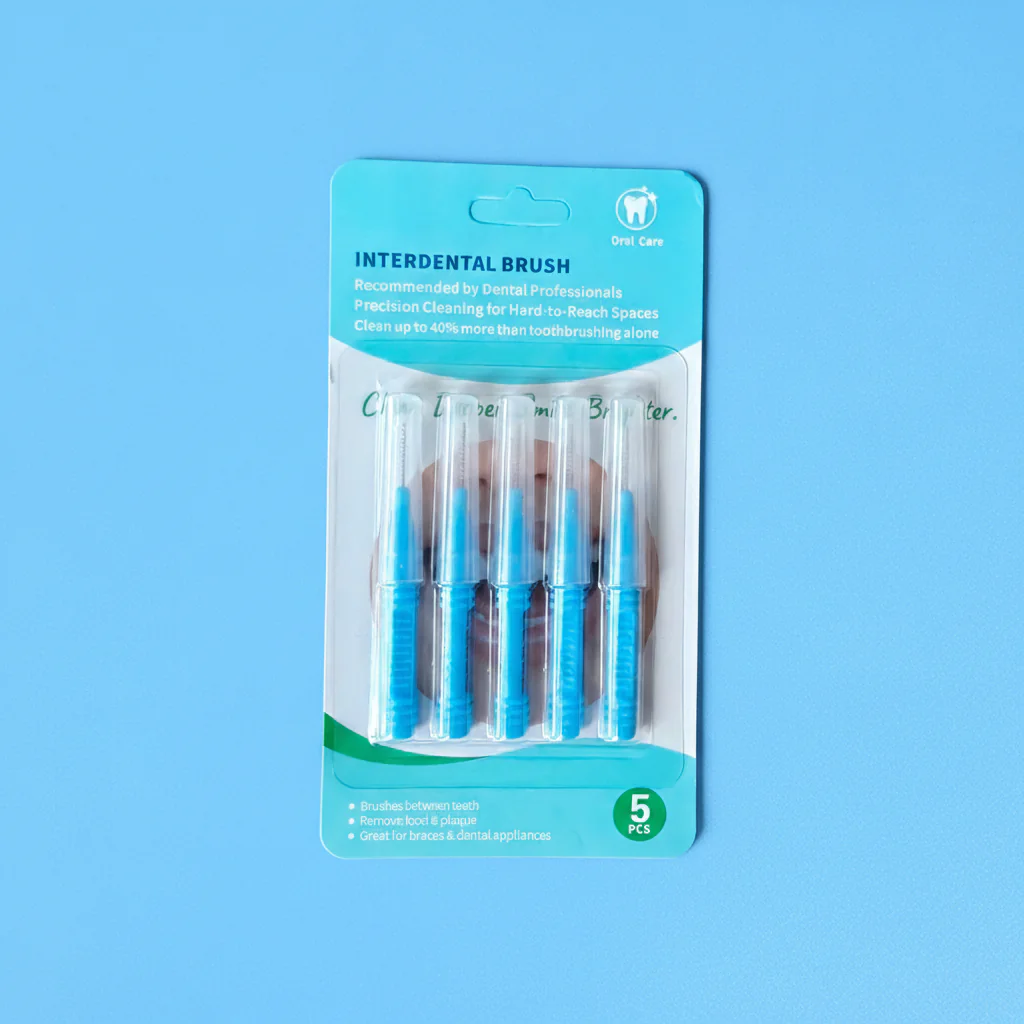 5pcs blister card pack blue ribbed non-slip straight interdental brushes with transparent protective tube, retail orthodontic teeth gap cleaners