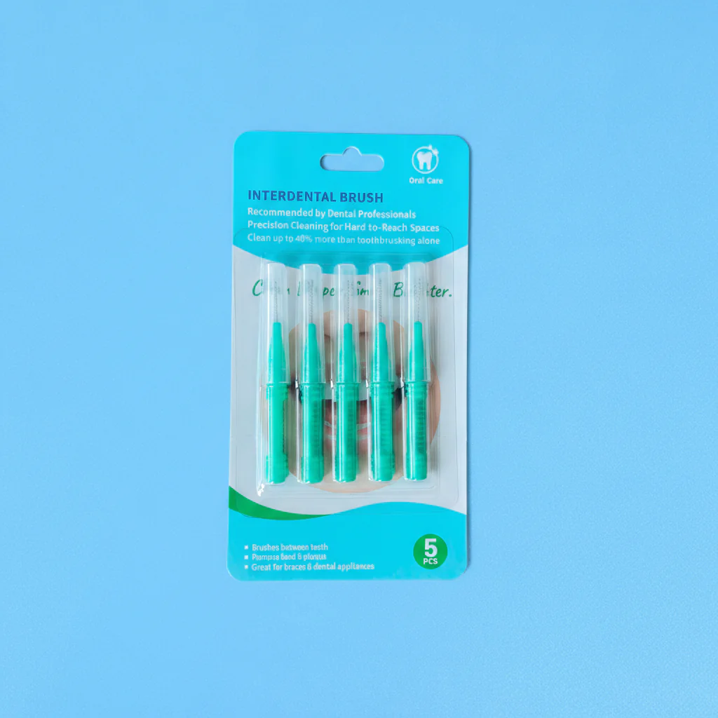 5pcs blister card pack green ribbed non-slip straight interdental brushes with transparent protective tube, retail orthodontic teeth gap cleaners