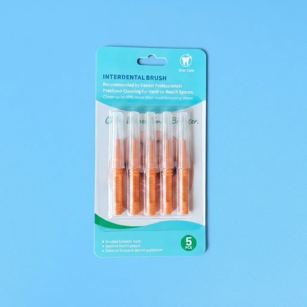 5pcs blister card pack orange ribbed non-slip straight interdental brushes with transparent protective tube, retail orthodontic teeth gap cleaners