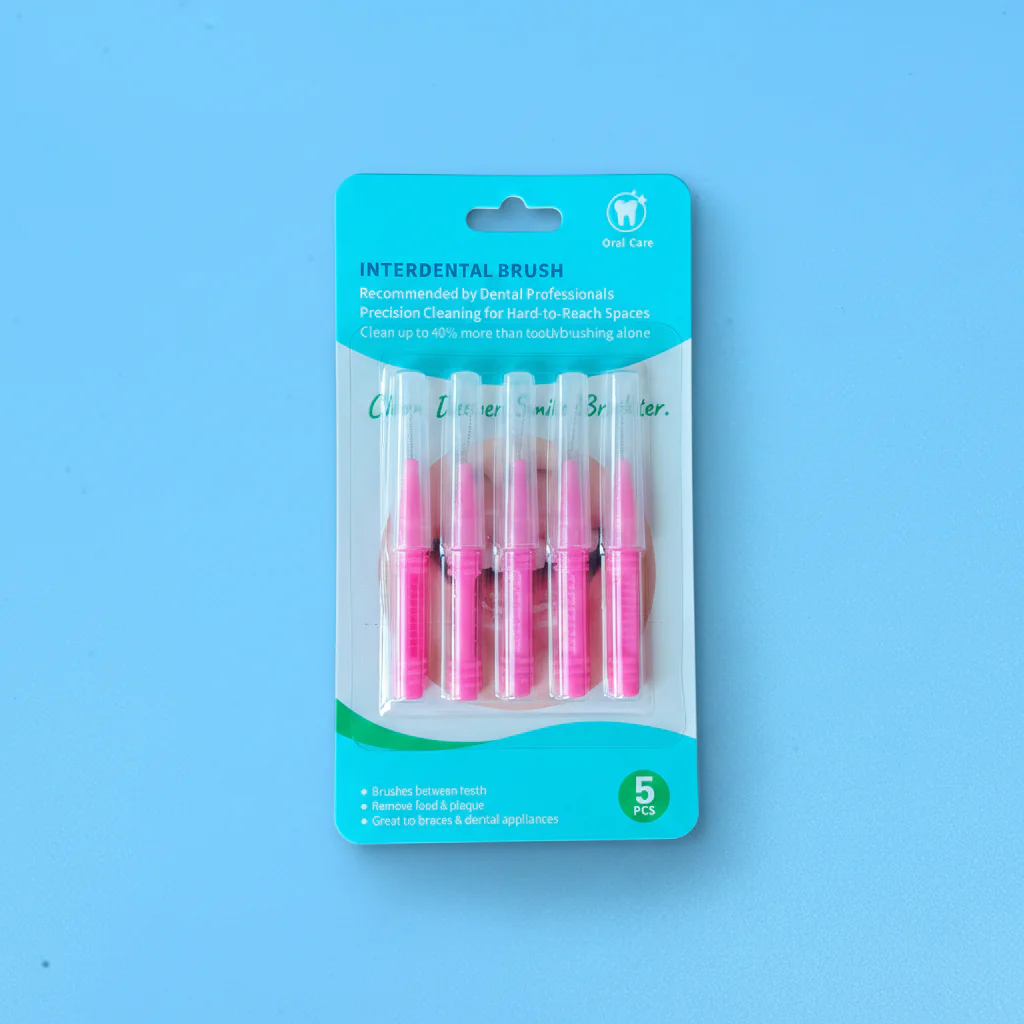 5pcs blister card pack pink ribbed non-slip straight interdental brushes with transparent protective tube, retail orthodontic teeth gap cleaners
