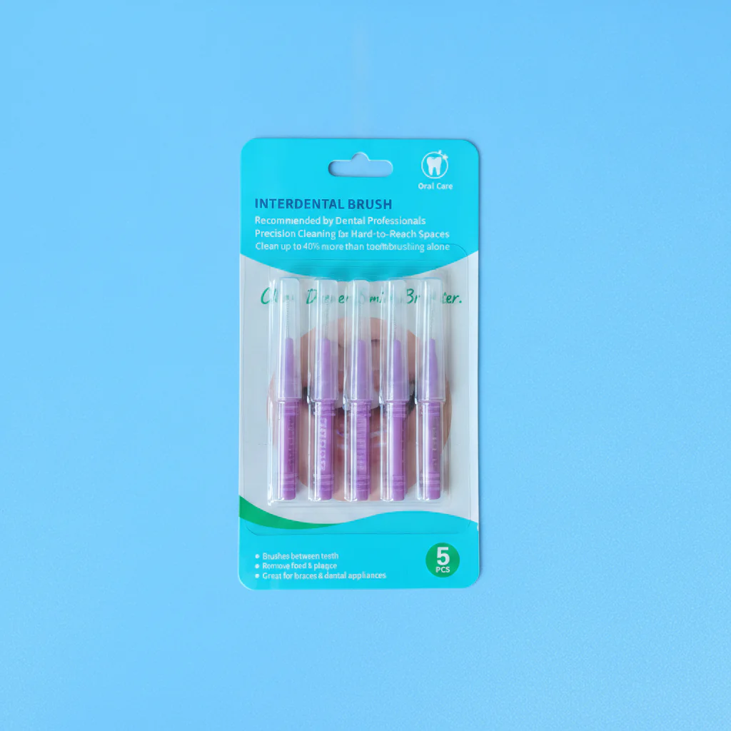 5pcs blister card pack purple ribbed non-slip straight interdental brushes with transparent protective tube, retail orthodontic teeth gap cleaners