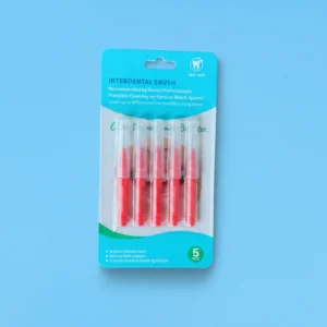 5pcs blister card pack red ribbed non-slip straight interdental brushes with transparent protective tube, retail orthodontic teeth gap cleaners
