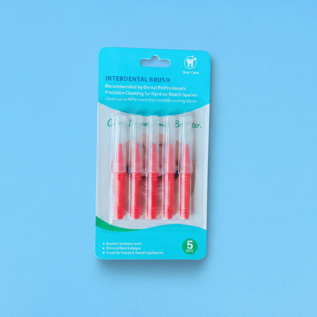 5pcs blister card pack red ribbed non-slip straight interdental brushes with transparent protective tube, retail orthodontic teeth gap cleaners