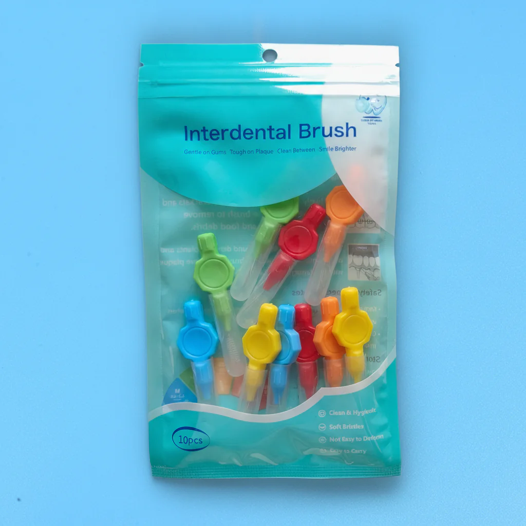 10pcs ziplock plastic bag packed mixed color octagonal knob handle interdental brushes with transparent protective tube, assorted size orthodontic teeth gap cleaners