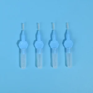 Four blue handle mini straight interdental brushes with transparent protective tube, single size orthodontic teeth gap cleaning brushes