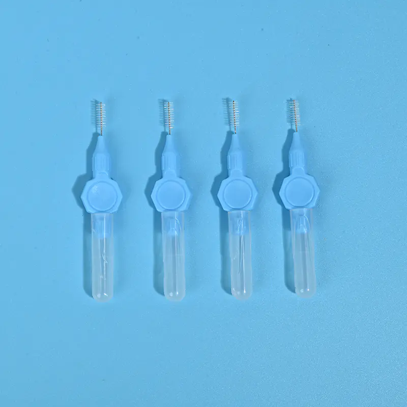 Four blue handle mini straight interdental brushes with transparent protective tube, single size orthodontic teeth gap cleaning brushes