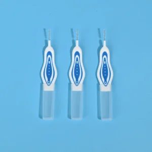 Three blue pattern curved handle interdental brushes with transparent protective tube, single size portable teeth gap cleaners
