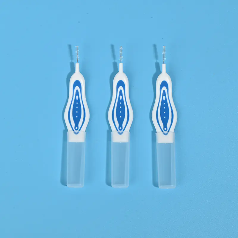 Three blue pattern curved handle interdental brushes with transparent protective tube, single size portable teeth gap cleaners