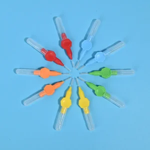 Multi-size mini straight interdental brushes arranged radially, portable interdental cleaners with plastic protective cover