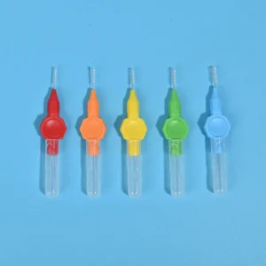 Five color coded mini straight interdental brushes with transparent protective tube, portable orthodontic teeth gap cleaning brushes