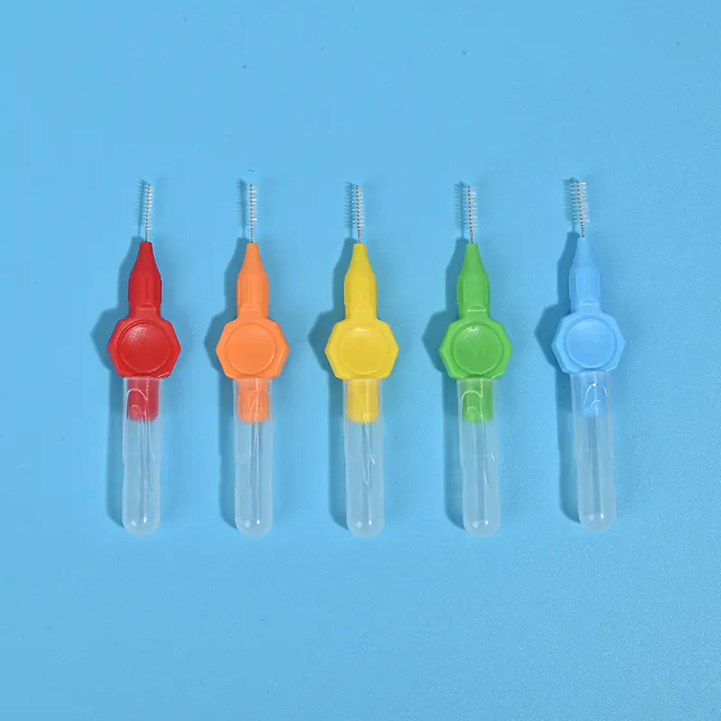 Five color coded mini straight interdental brushes with transparent protective tube, portable orthodontic teeth gap cleaning brushes