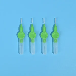 Four green handle mini straight interdental brushes with transparent protective tube, single size orthodontic teeth gap cleaning brushes