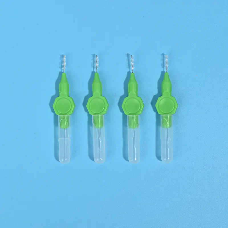 Four green handle mini straight interdental brushes with transparent protective tube, single size orthodontic teeth gap cleaning brushes