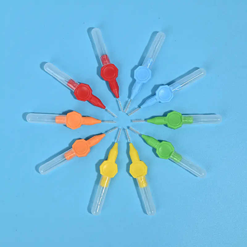 Multi-color octagonal knob handle interdental brushes arranged radially with transparent protective tube, color coded orthodontic teeth gap cleaners