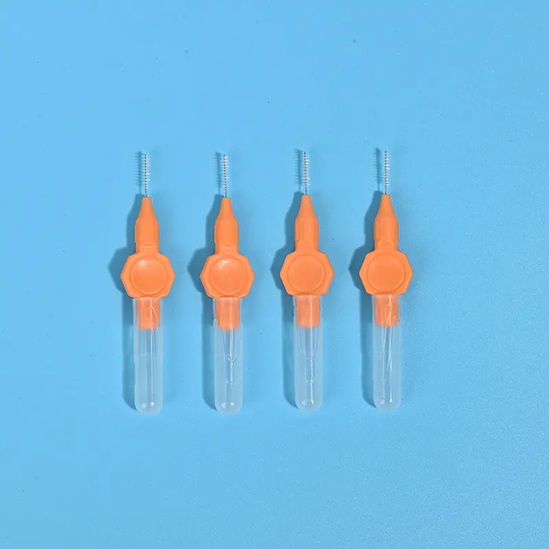 Orange handle single size mini straight interdental brushes with transparent protective tube, teeth gap interdental cleaners