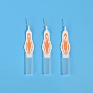 Three orange printed ergonomic curved handle interdental brushes with transparent protective tube, single size portable orthodontic teeth gap cleaners