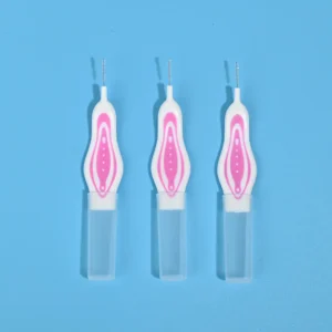 Three pink printed ergonomic curved handle interdental brushes with transparent protective tube, single size portable orthodontic teeth gap cleaners